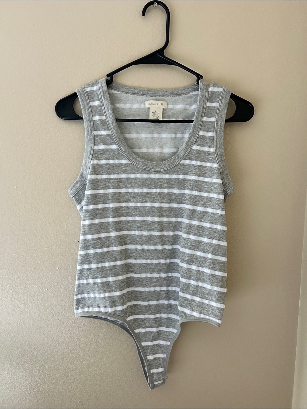 Ultra Flirt Striped Sleeveless Tank Bodysuit Grey White L